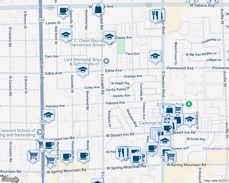 map of restaurants, bars, coffee shops, grocery stores, and more near 5382 Via De Palma Drive in Las Vegas