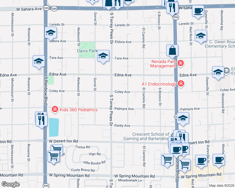 map of restaurants, bars, coffee shops, grocery stores, and more near 6468 Coley Avenue in Las Vegas