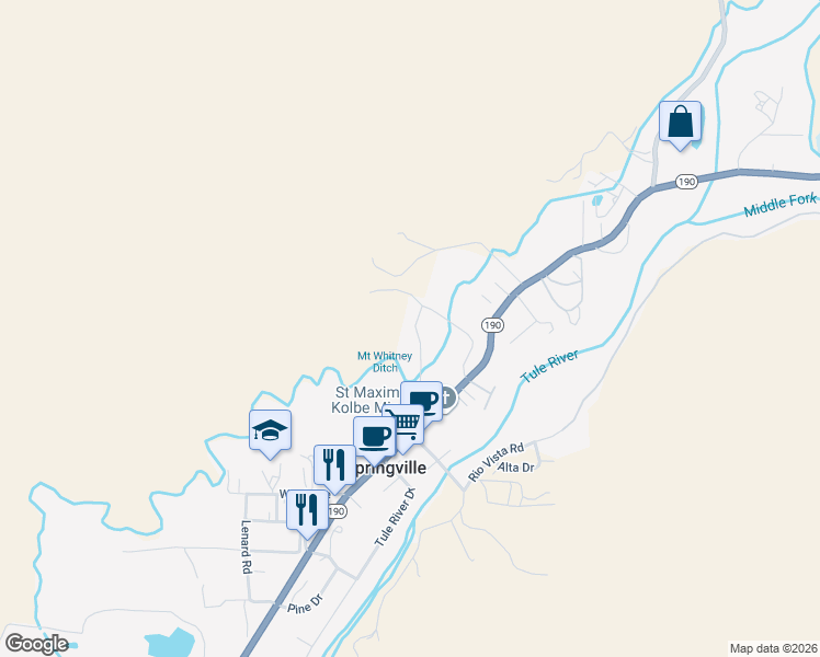 map of restaurants, bars, coffee shops, grocery stores, and more near 35800 California 190 in Springville
