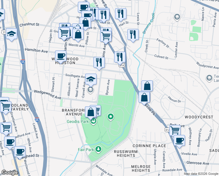 map of restaurants, bars, coffee shops, grocery stores, and more near 2126 Byrum Avenue in Nashville