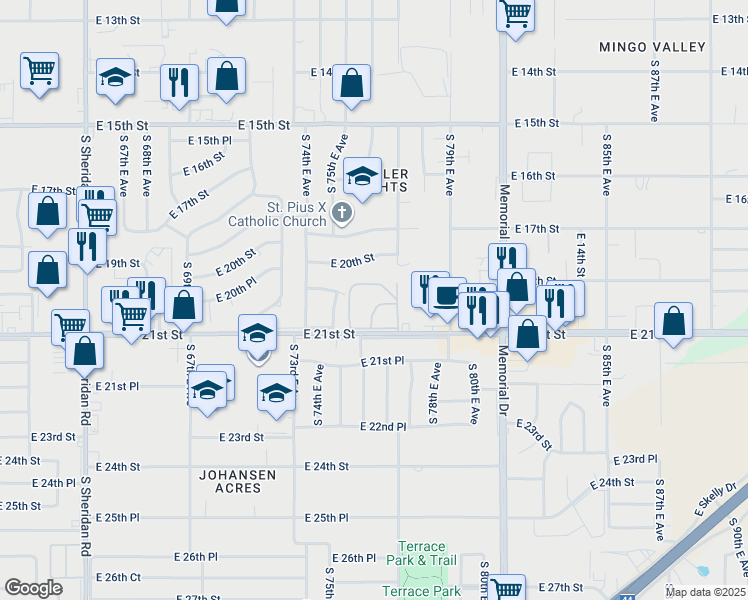 map of restaurants, bars, coffee shops, grocery stores, and more near 7619 East 21st Street in Tulsa