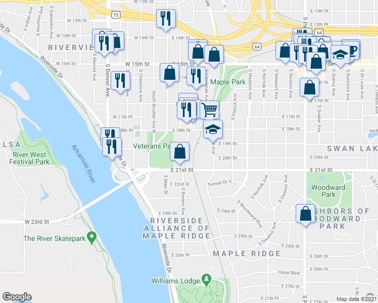 map of restaurants, bars, coffee shops, grocery stores, and more near 1823 South Boston Avenue in Tulsa