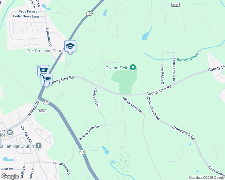 map of restaurants, bars, coffee shops, grocery stores, and more near 9335 County Line Road in Kernersville