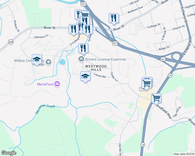 map of restaurants, bars, coffee shops, grocery stores, and more near 1510 Laurel Road in Wilkesboro
