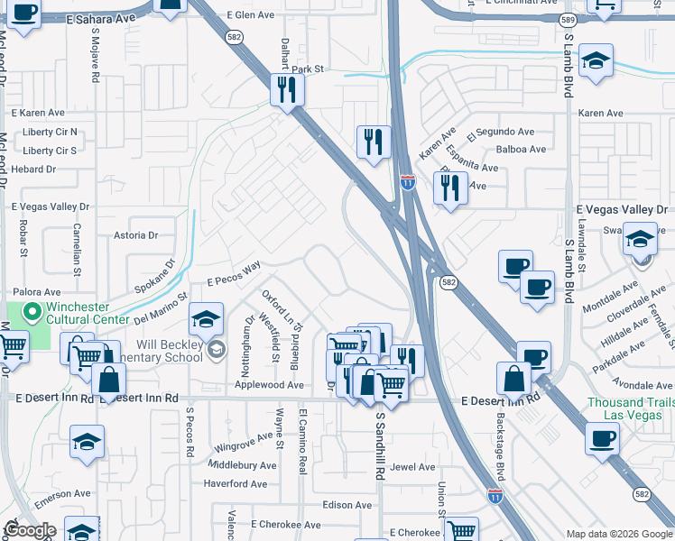 map of restaurants, bars, coffee shops, grocery stores, and more near 335 Greenbriar Townhouse Way in Las Vegas