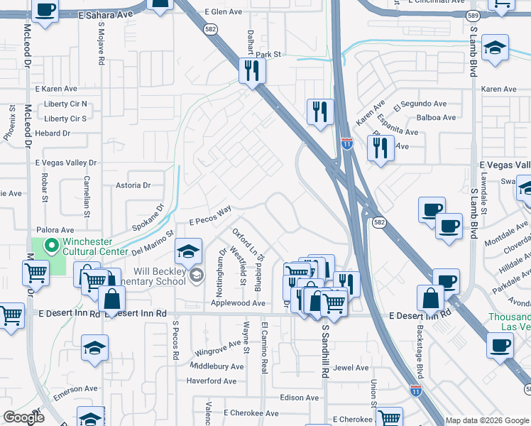 map of restaurants, bars, coffee shops, grocery stores, and more near 647 Greenbriar Townhouse Way in Las Vegas