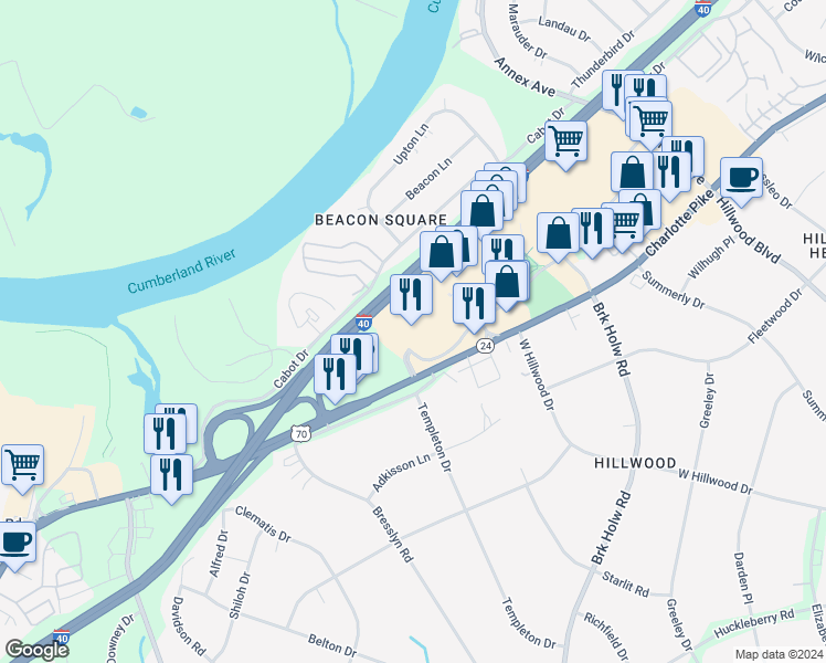 map of restaurants, bars, coffee shops, grocery stores, and more near 6814 Charlotte Pike in Nashville