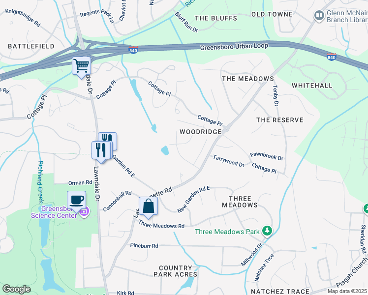 map of restaurants, bars, coffee shops, grocery stores, and more near 1613 Maple Ridge Court in Greensboro