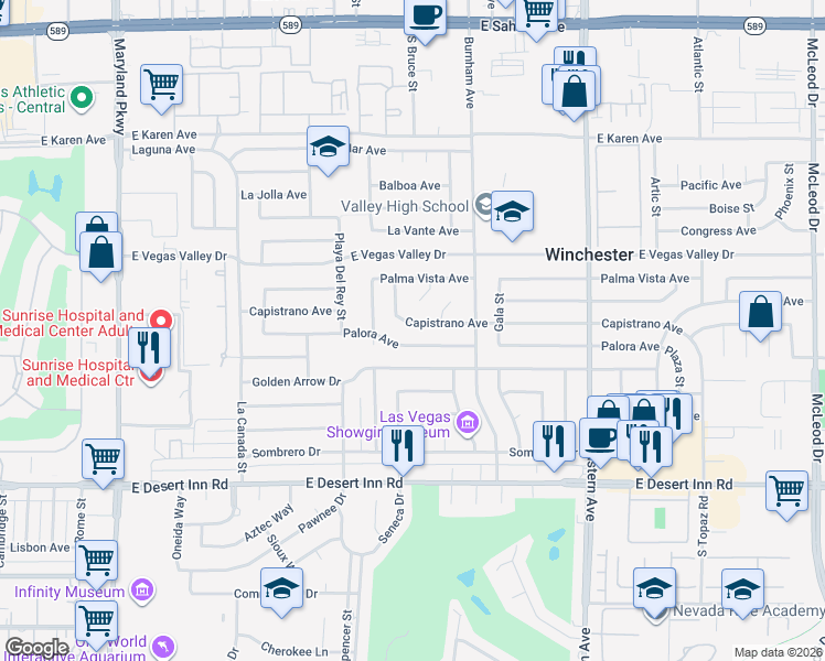 map of restaurants, bars, coffee shops, grocery stores, and more near 1966 Capistrano Avenue in Las Vegas