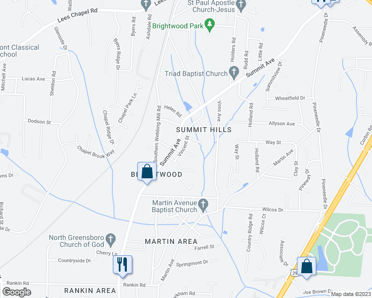 map of restaurants, bars, coffee shops, grocery stores, and more near 1 Preyer Court in Greensboro