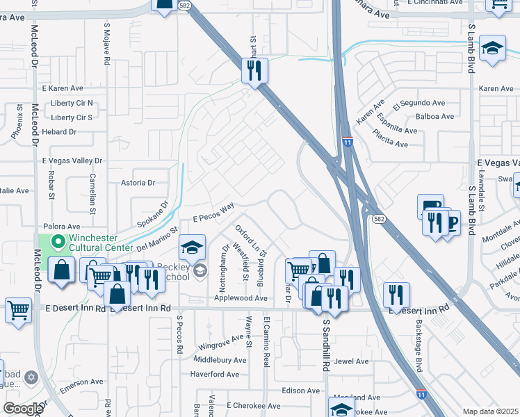 map of restaurants, bars, coffee shops, grocery stores, and more near 641 East Pecos Way in Las Vegas