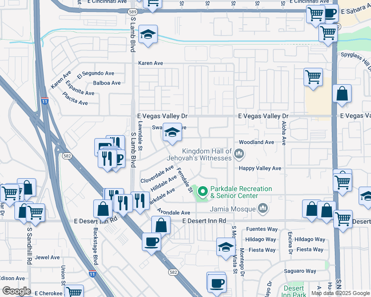 map of restaurants, bars, coffee shops, grocery stores, and more near 3046 Ferndale Street in Las Vegas