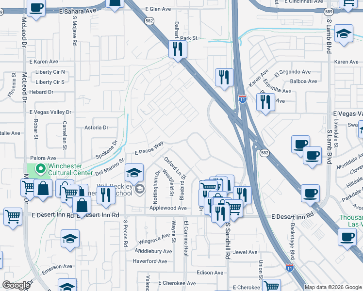 map of restaurants, bars, coffee shops, grocery stores, and more near 629 East Pecos Way in Las Vegas
