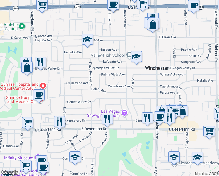 map of restaurants, bars, coffee shops, grocery stores, and more near 1966 Capistrano Avenue in Las Vegas