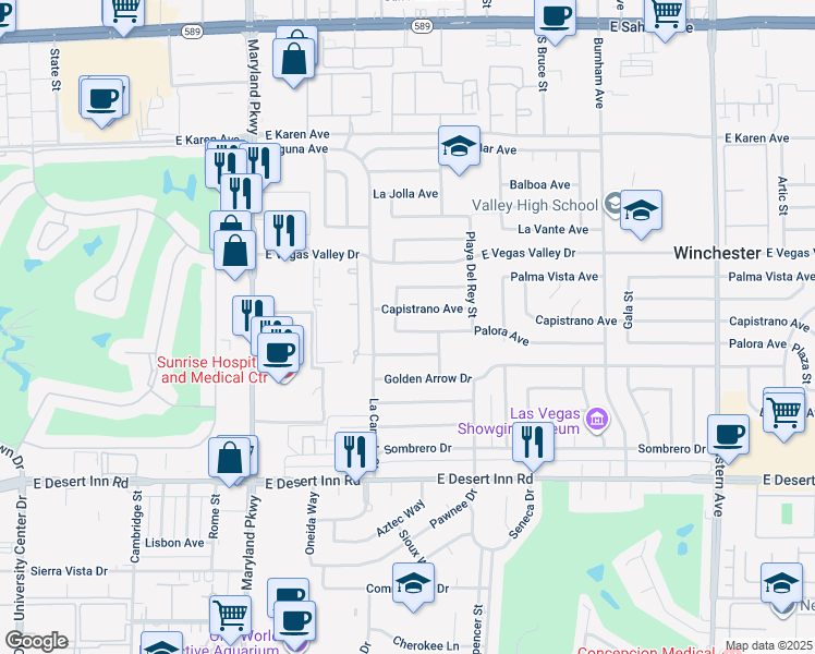 map of restaurants, bars, coffee shops, grocery stores, and more near 1565 Capistrano Avenue in Las Vegas