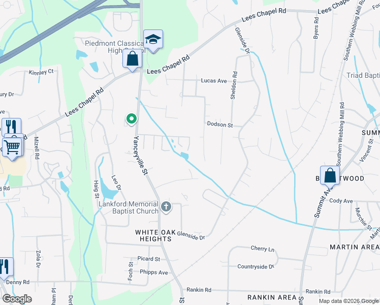 map of restaurants, bars, coffee shops, grocery stores, and more near 107 Sommerwall Place in Greensboro