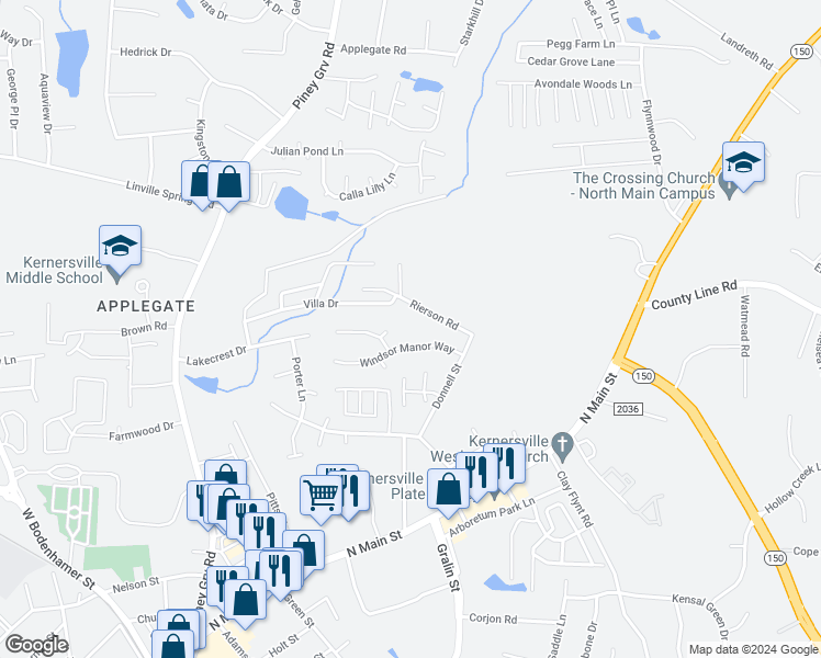 map of restaurants, bars, coffee shops, grocery stores, and more near 314 Windsor Manor Way in Kernersville