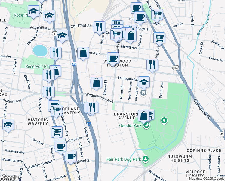 map of restaurants, bars, coffee shops, grocery stores, and more near 1711 Martin Street in Nashville