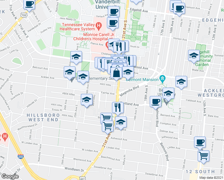map of restaurants, bars, coffee shops, grocery stores, and more near 2106 Fairfax Avenue in Nashville