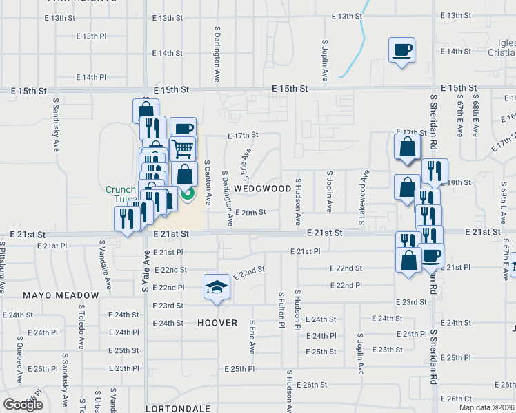 map of restaurants, bars, coffee shops, grocery stores, and more near 5406 East 19th Street in Tulsa