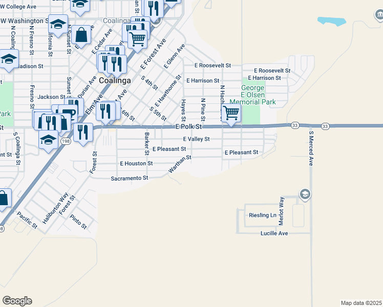 map of restaurants, bars, coffee shops, grocery stores, and more near 498 East Pleasant Street in Coalinga