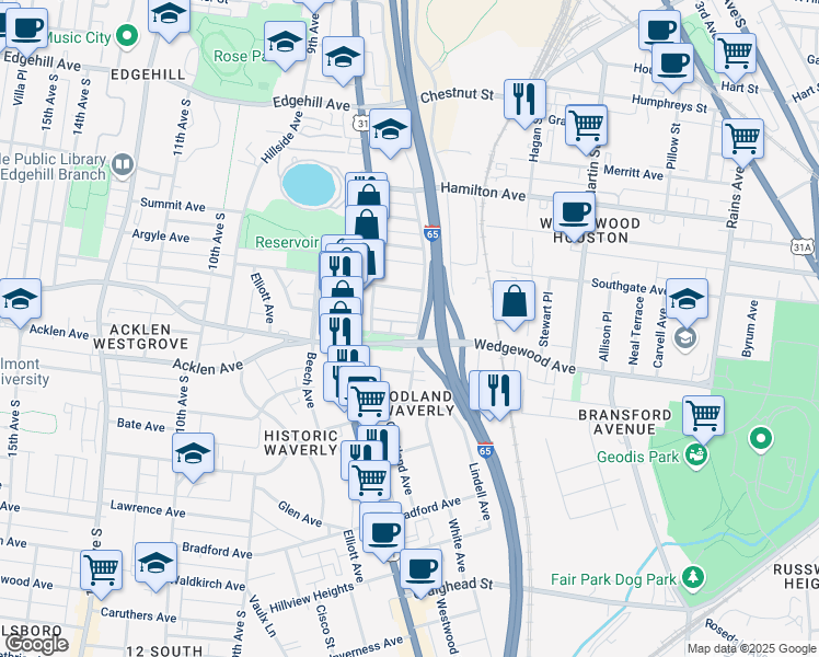 map of restaurants, bars, coffee shops, grocery stores, and more near 700 Wedgewood Park in Nashville