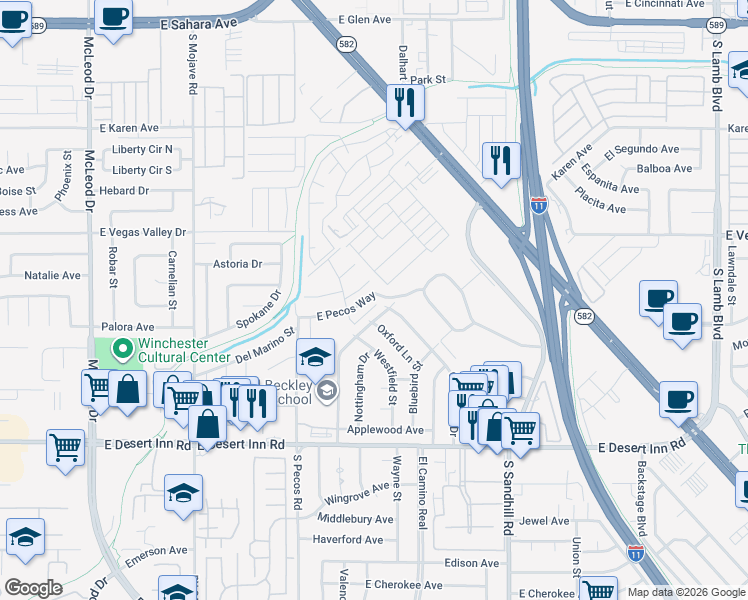 map of restaurants, bars, coffee shops, grocery stores, and more near 333 East Pecos Way in Las Vegas
