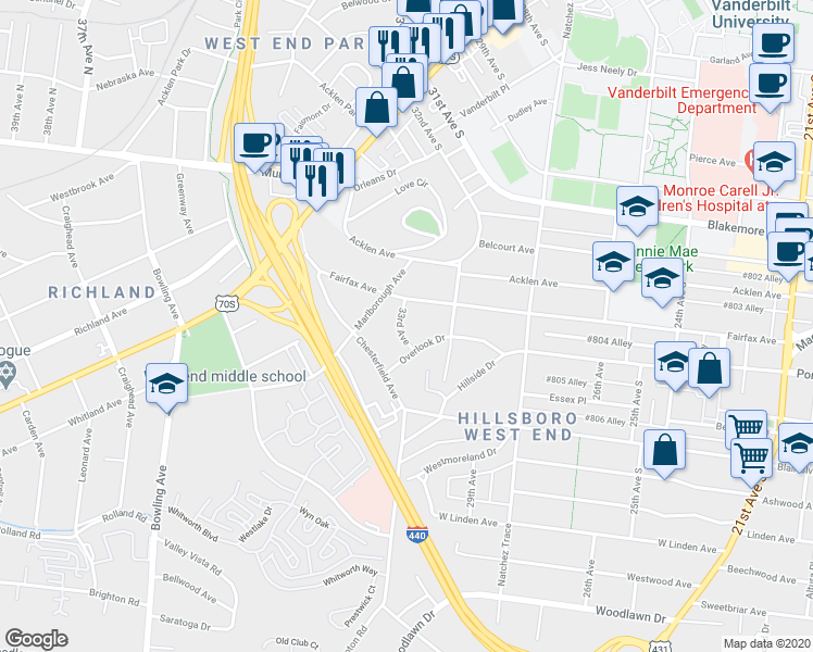 map of restaurants, bars, coffee shops, grocery stores, and more near 413 Fairfax Avenue in Nashville