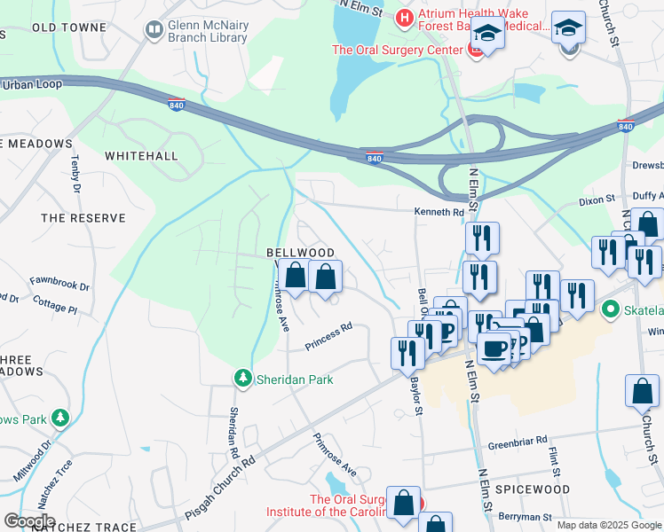 map of restaurants, bars, coffee shops, grocery stores, and more near 17 Nandina Drive in Greensboro