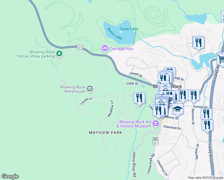 map of restaurants, bars, coffee shops, grocery stores, and more near 914 Laurel Lane in Blowing Rock