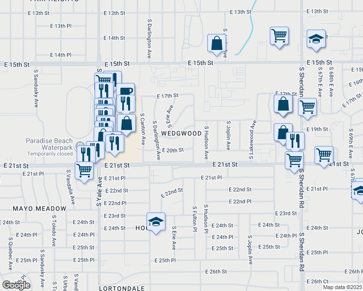 map of restaurants, bars, coffee shops, grocery stores, and more near 1934 South Fulton Avenue in Tulsa