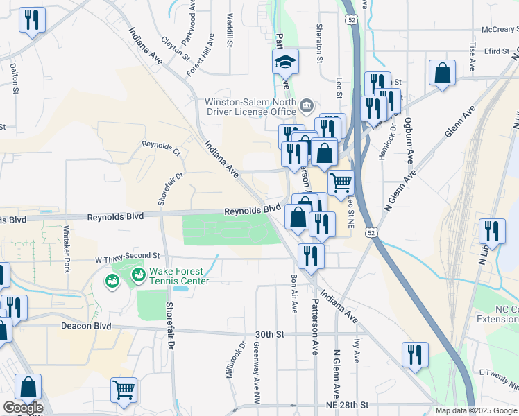 map of restaurants, bars, coffee shops, grocery stores, and more near 203 Reynolds Boulevard in Winston-Salem