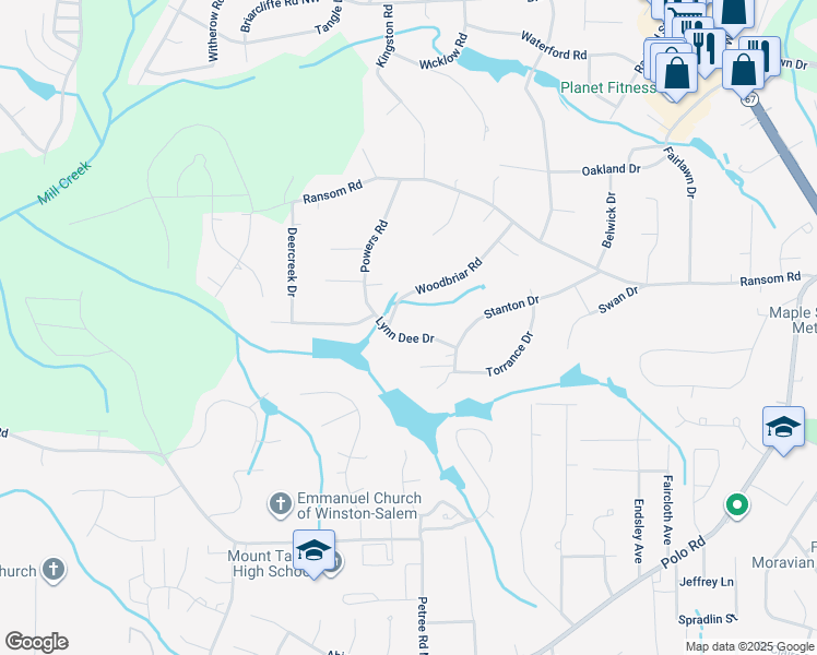 map of restaurants, bars, coffee shops, grocery stores, and more near 715 Lynn Dee Drive in Winston-Salem