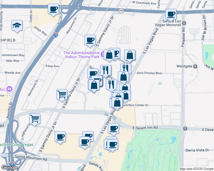 map of restaurants, bars, coffee shops, grocery stores, and more near 3000 South Las Vegas Boulevard in Las Vegas