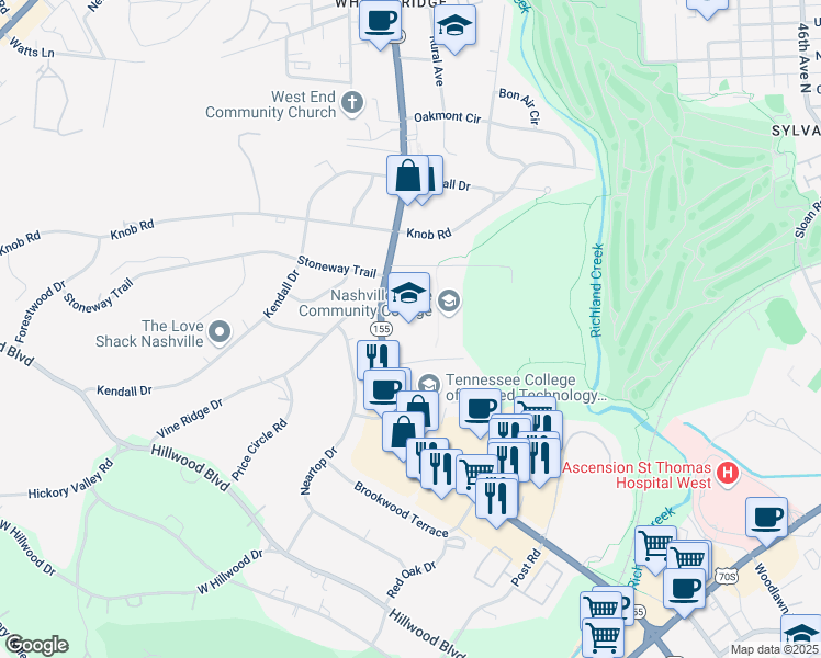 map of restaurants, bars, coffee shops, grocery stores, and more near 120 White Bridge Road in Nashville