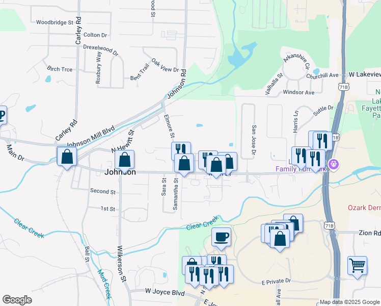 map of restaurants, bars, coffee shops, grocery stores, and more near Karrington Ridge in Springdale