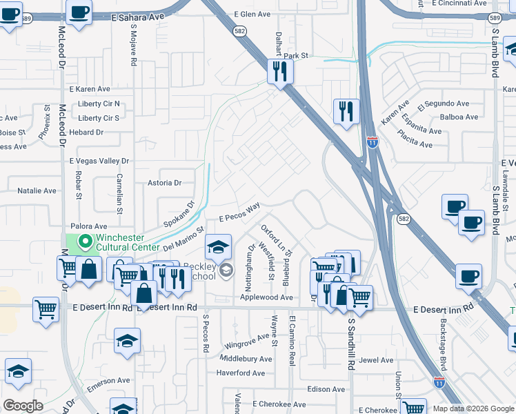 map of restaurants, bars, coffee shops, grocery stores, and more near 333 East Pecos Way in Las Vegas