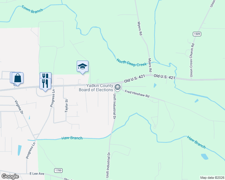map of restaurants, bars, coffee shops, grocery stores, and more near 107 Taft Street in Yadkinville