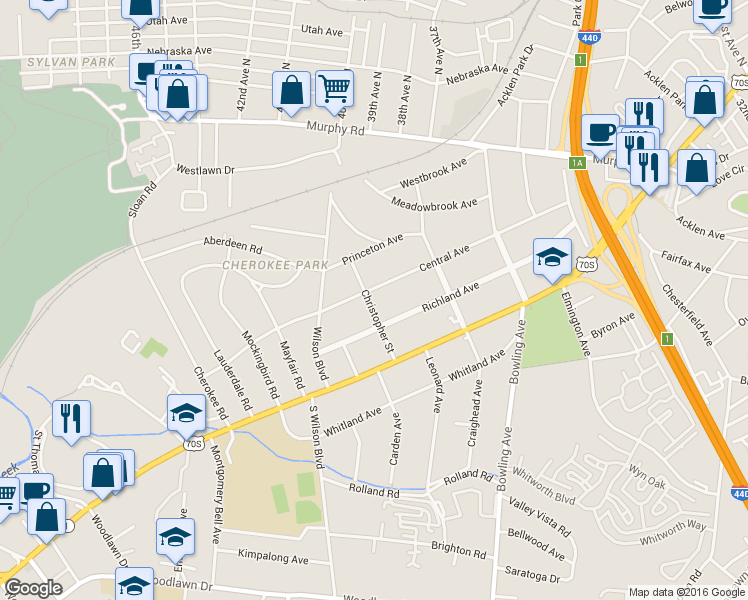 map of restaurants, bars, coffee shops, grocery stores, and more near 3735 Central Avenue in Nashville