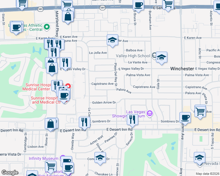 map of restaurants, bars, coffee shops, grocery stores, and more near 1692 Palora Avenue in Las Vegas