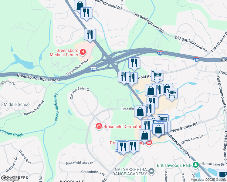 map of restaurants, bars, coffee shops, grocery stores, and more near 3819 Winborne Lane in Greensboro