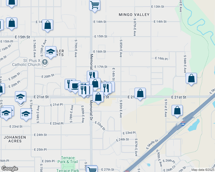 map of restaurants, bars, coffee shops, grocery stores, and more near 1926 South 82nd East Avenue in Tulsa