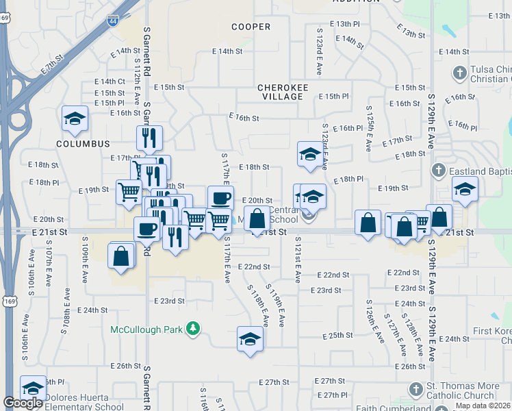 map of restaurants, bars, coffee shops, grocery stores, and more near 11916 East 20th Street in Tulsa