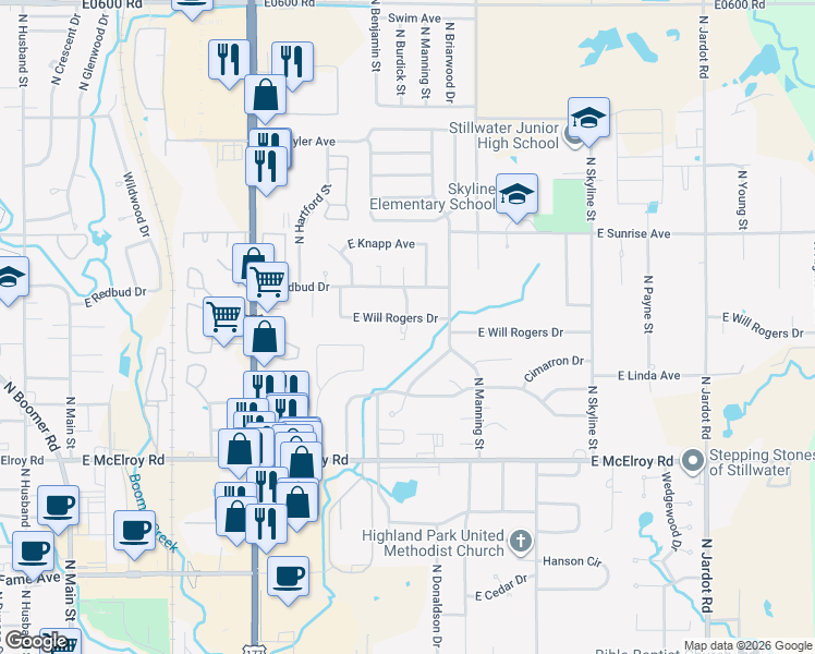 map of restaurants, bars, coffee shops, grocery stores, and more near 1101 East Will Rogers Drive in Stillwater