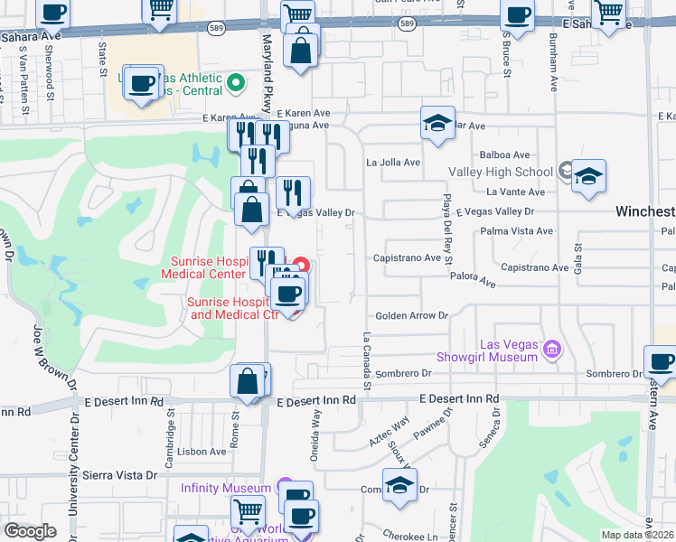 map of restaurants, bars, coffee shops, grocery stores, and more near 1405 East Vegas Valley Drive in Las Vegas