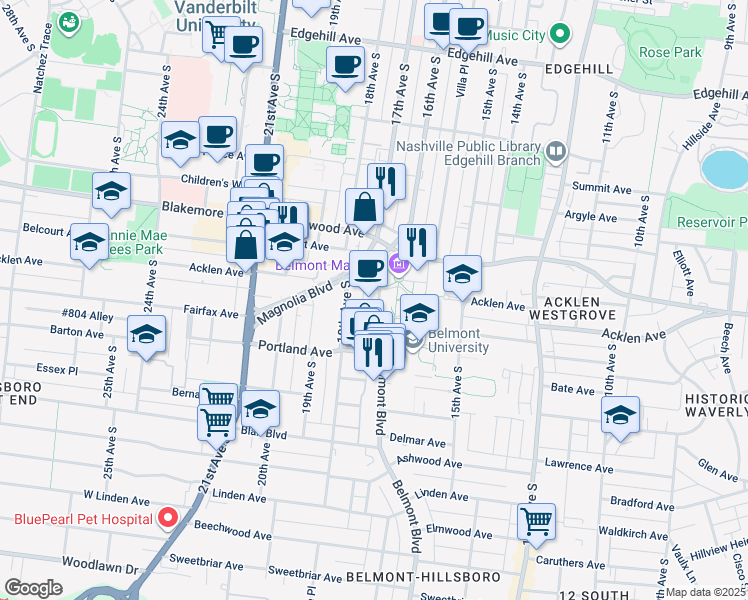 map of restaurants, bars, coffee shops, grocery stores, and more near 1907 Belmont Boulevard in Nashville