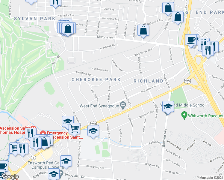 map of restaurants, bars, coffee shops, grocery stores, and more near 3816 Central Avenue in Nashville