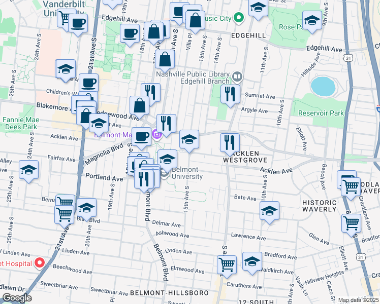 map of restaurants, bars, coffee shops, grocery stores, and more near 15th Avenue South in Nashville