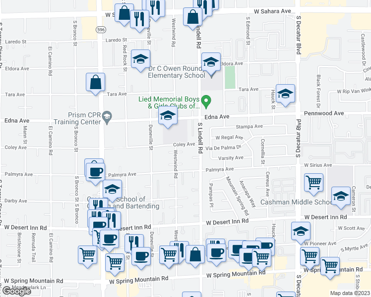 map of restaurants, bars, coffee shops, grocery stores, and more near 3030 Westwind Road in Las Vegas