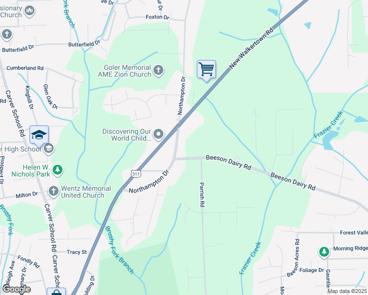 map of restaurants, bars, coffee shops, grocery stores, and more near 3711 Northampton Drive in Winston-Salem